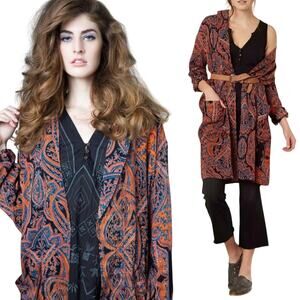 Free People Half Moon Kimono Paisley Print Duster Open Front Longline Orange S